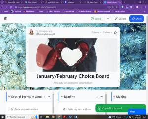 Over a background of ice crystals, a pair of hands in red gloves holds out a heart shaped snow ball. Underneath this image it reads, January/February Choice board.